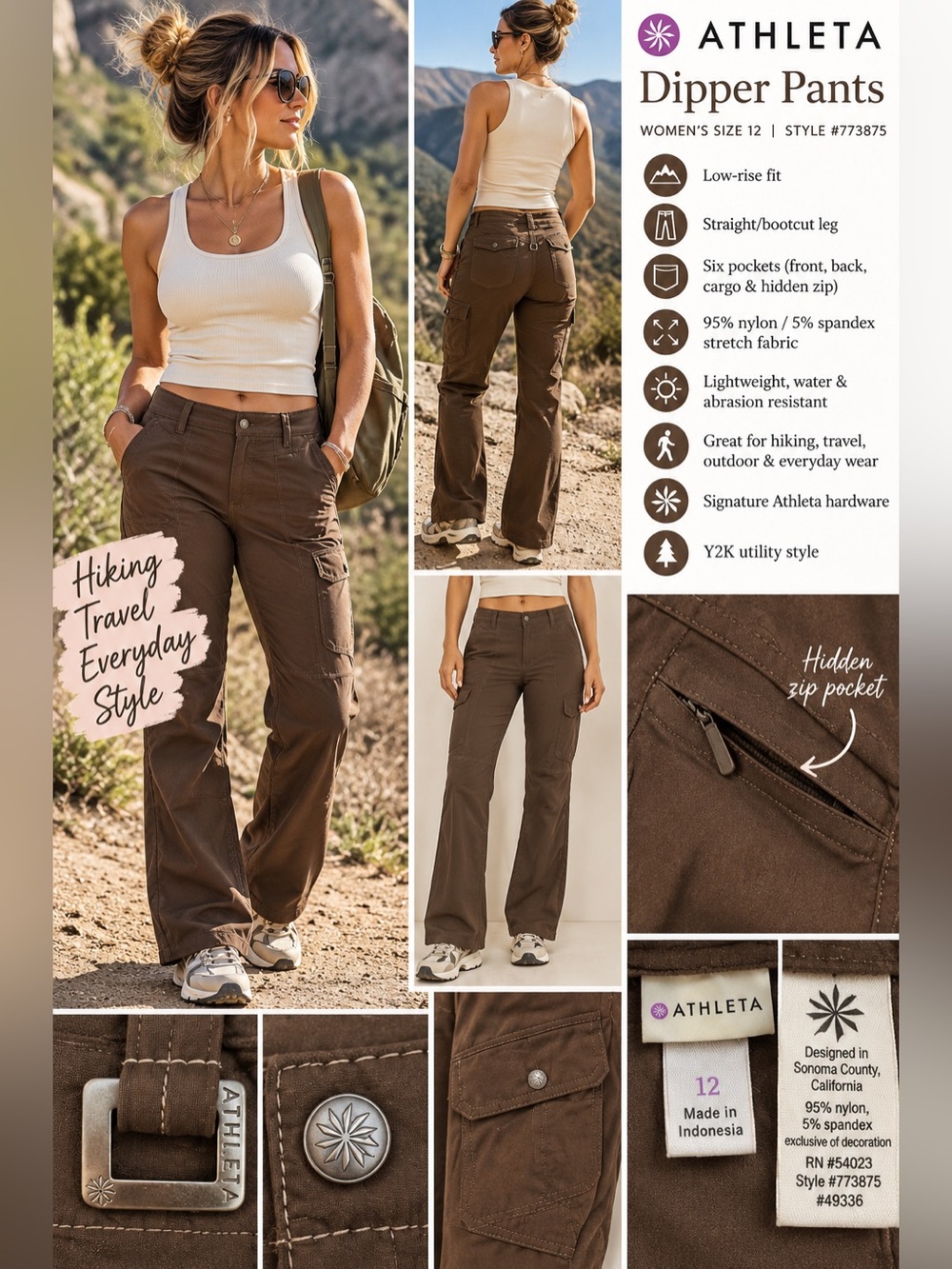 Athleta Dipper Cargo Hiking Pants Brown Size 12 Low Rise Stretch